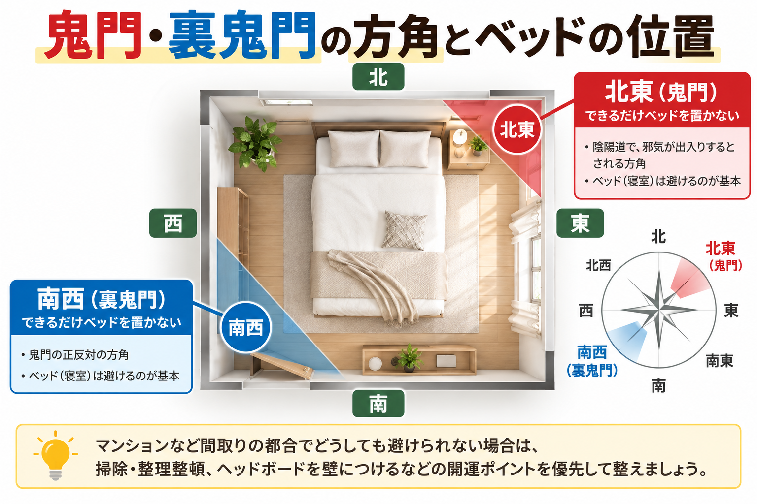 風水で鬼門とされる北東、裏鬼門とされる南西とベッドの位置を示した図