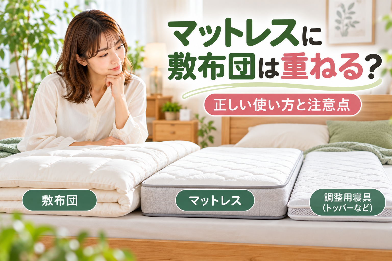 マットレスと敷布団を重ねる前に用途を確認するイメージ