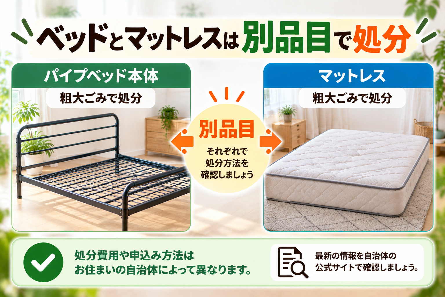 パイプベッド本体とマットレスを別々に粗大ごみ申込みする例