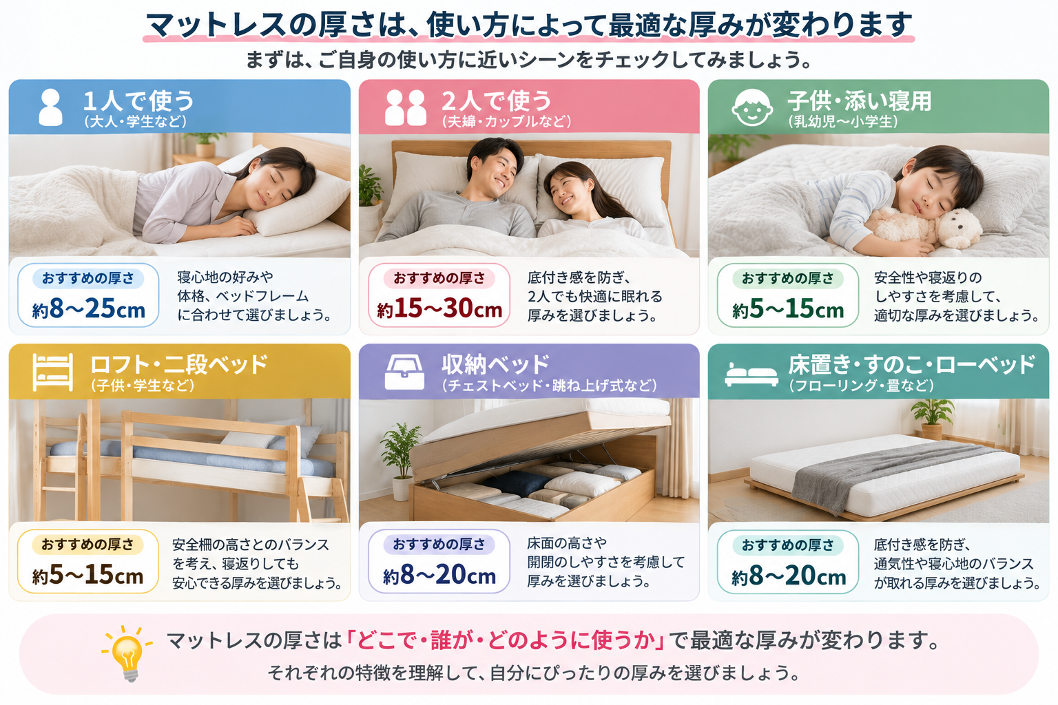 用途別マットレス厚さガイド