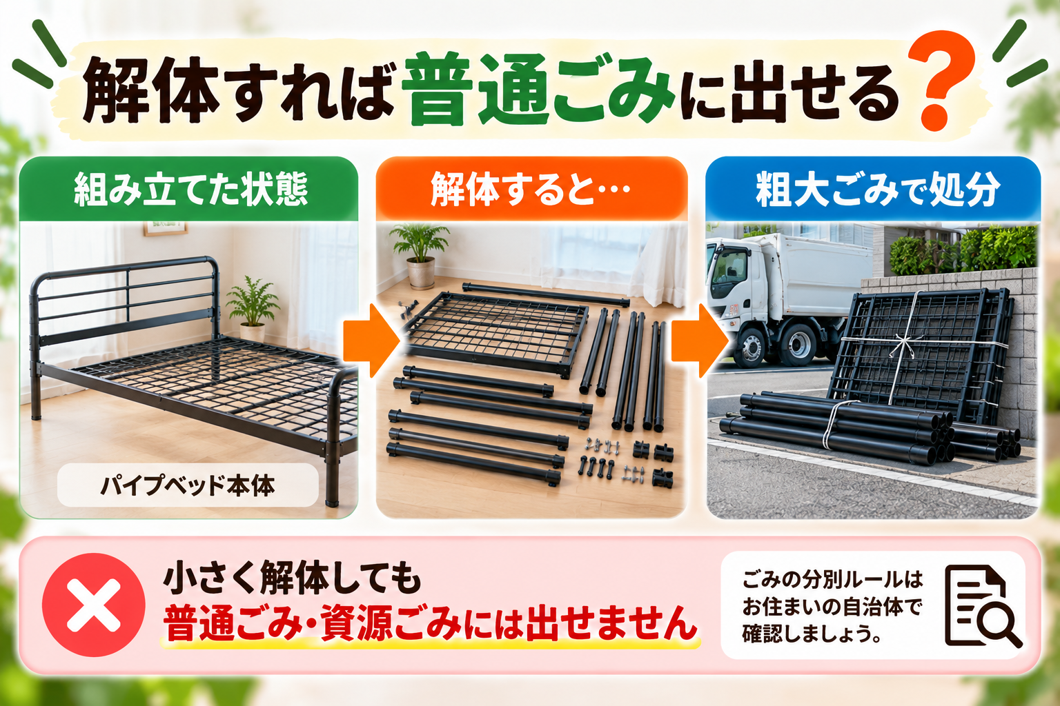 解体したパイプベッドも自治体のごみ分別ルールを確認することを示す図