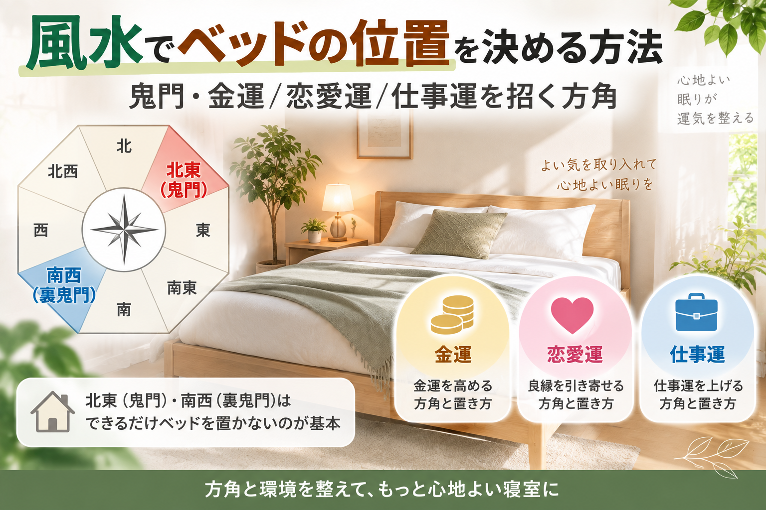 風水でベッドの位置を決める方法｜鬼門・金運/恋愛運/仕事運を招く方角