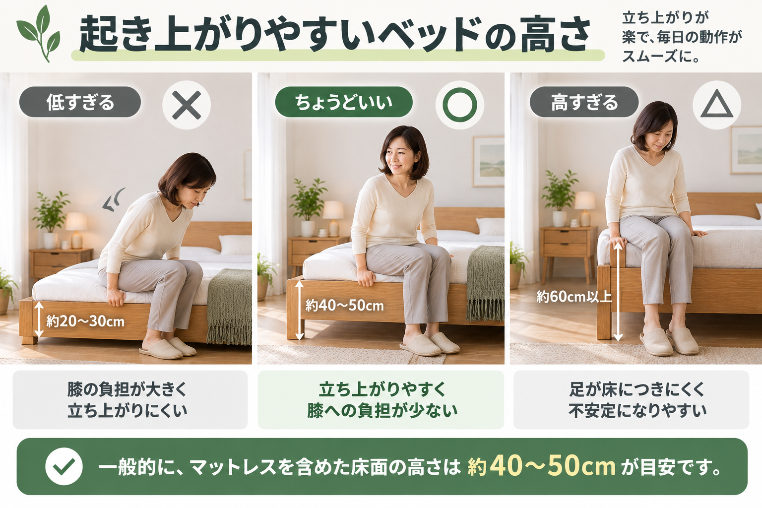 起き上がりやすいベッドの高さ