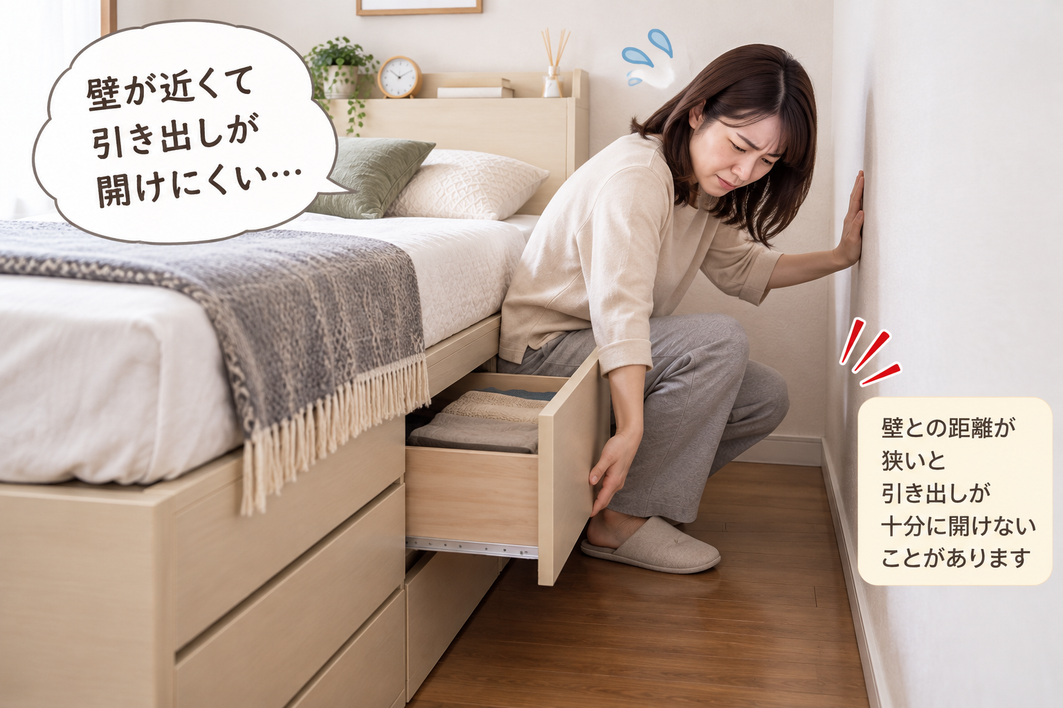 チェストベッドの引き出しをあけようとするが、壁が邪魔してあけにくそうにしている