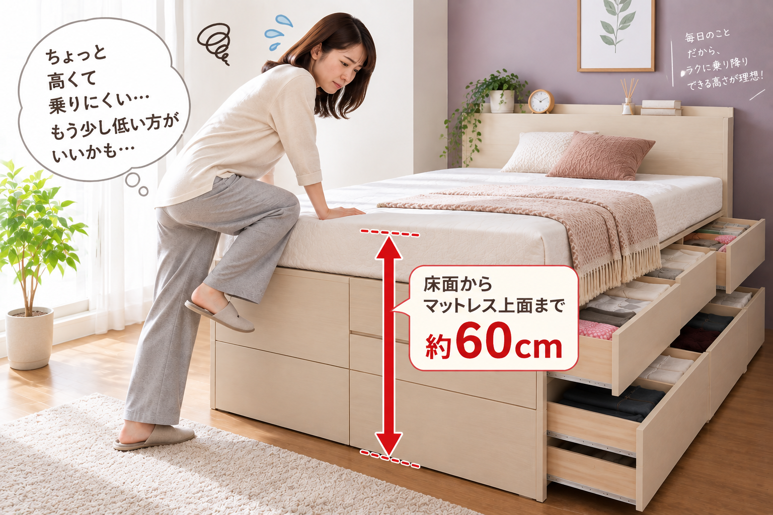 床面からの高さが高いため、横になりにくそうにしている
