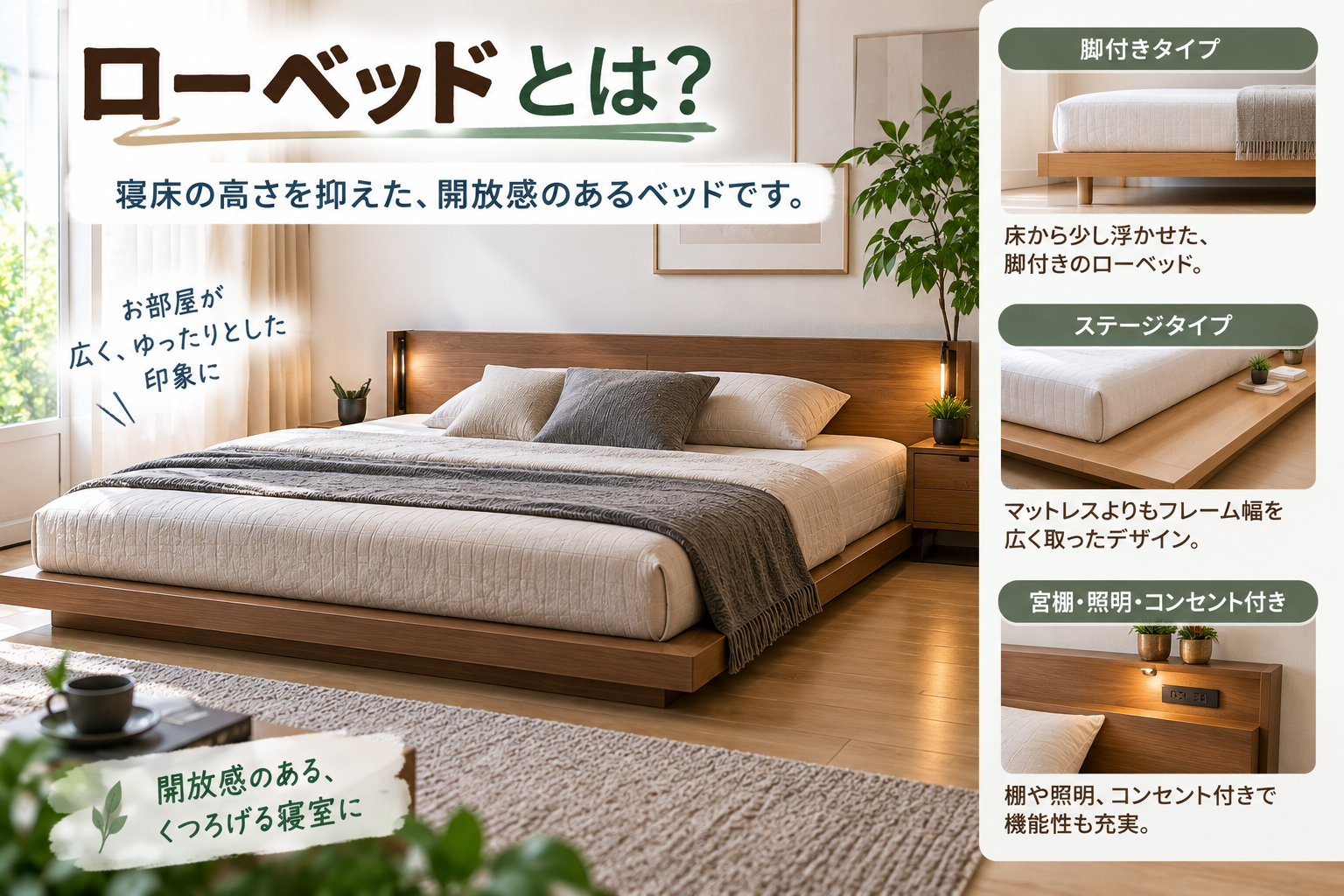 開放感のあるローベッド寝室