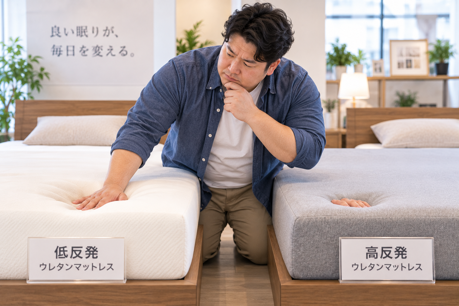 低反発と高反発を比べる男性