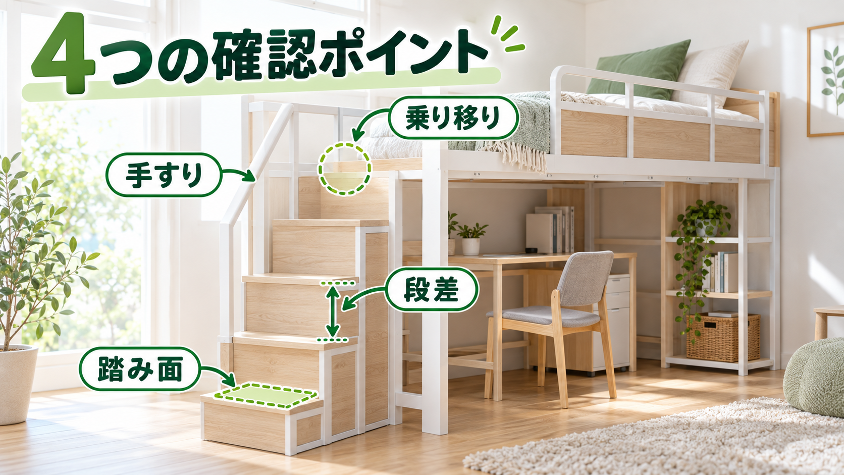 階段付きロフトベッドの踏み面・段差・手すり・寝床への乗り移りの確認位置