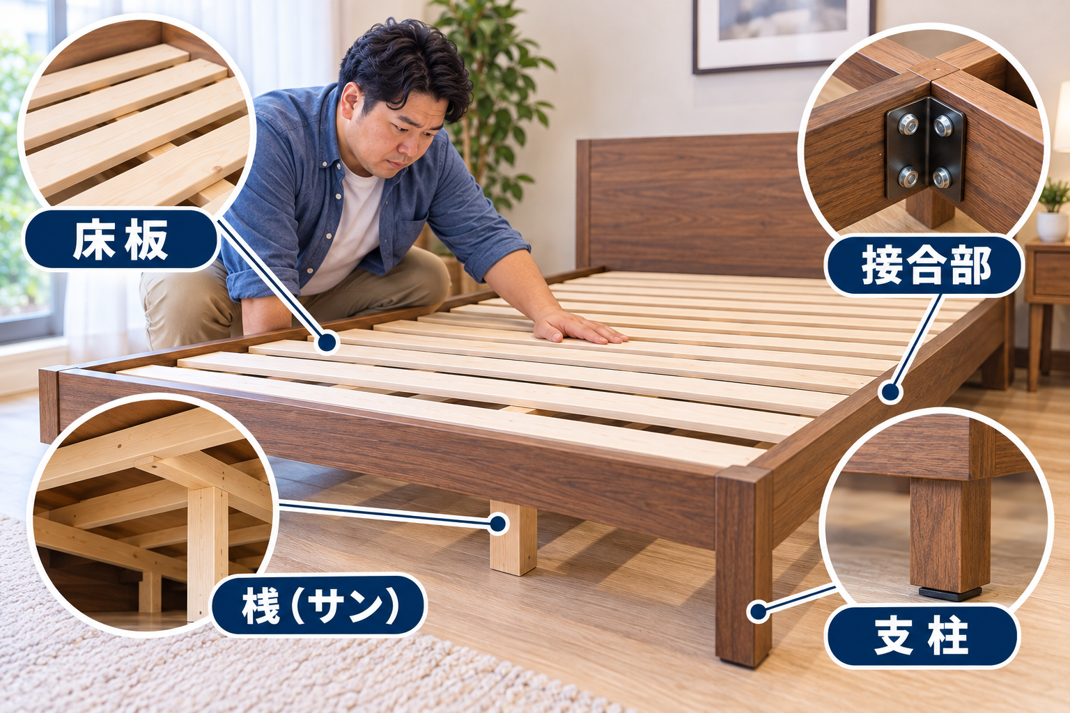 木製ベッドの構造解説図