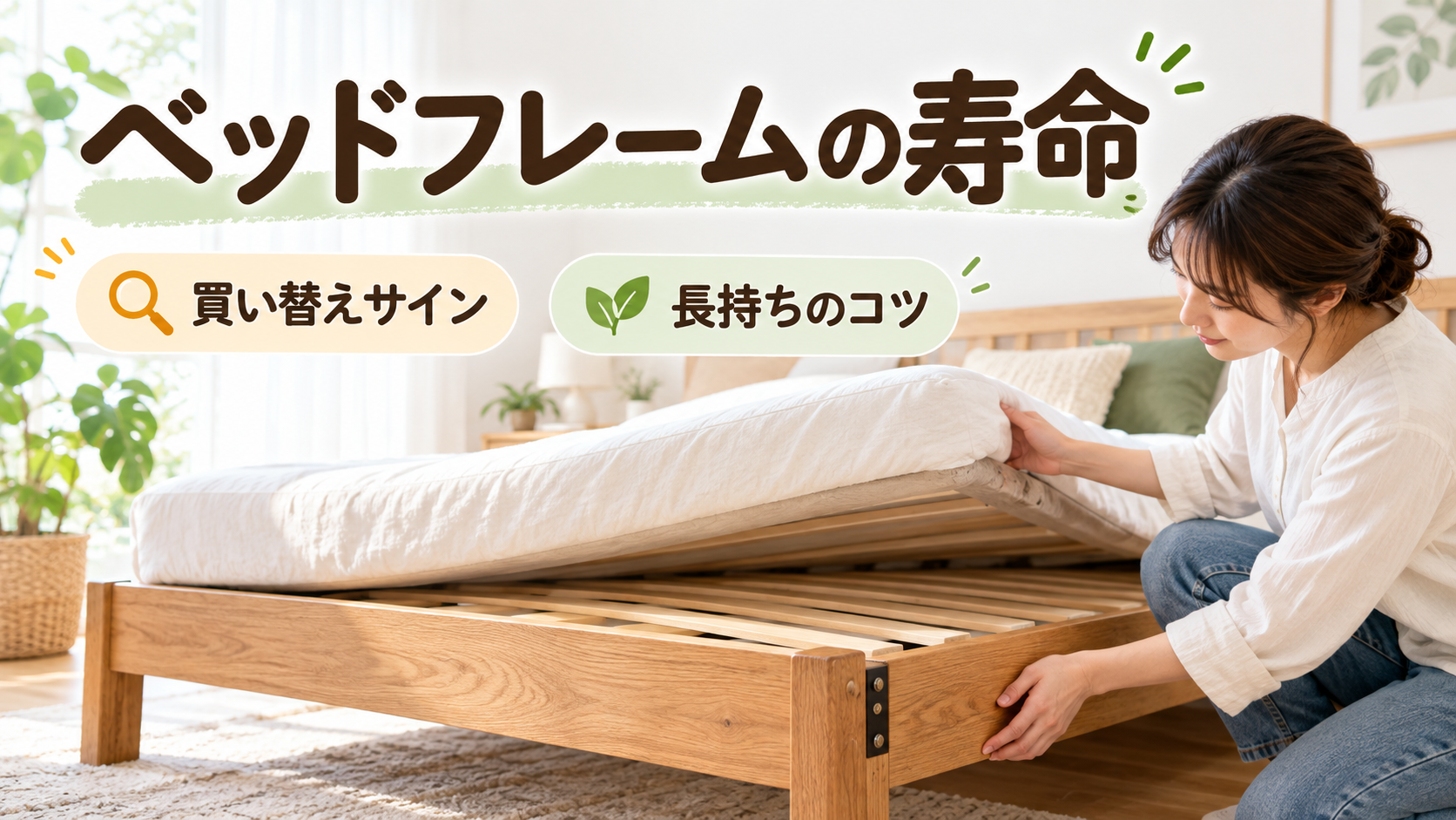 ベッドフレームの床板や脚を点検して寿命を確認するイメージ