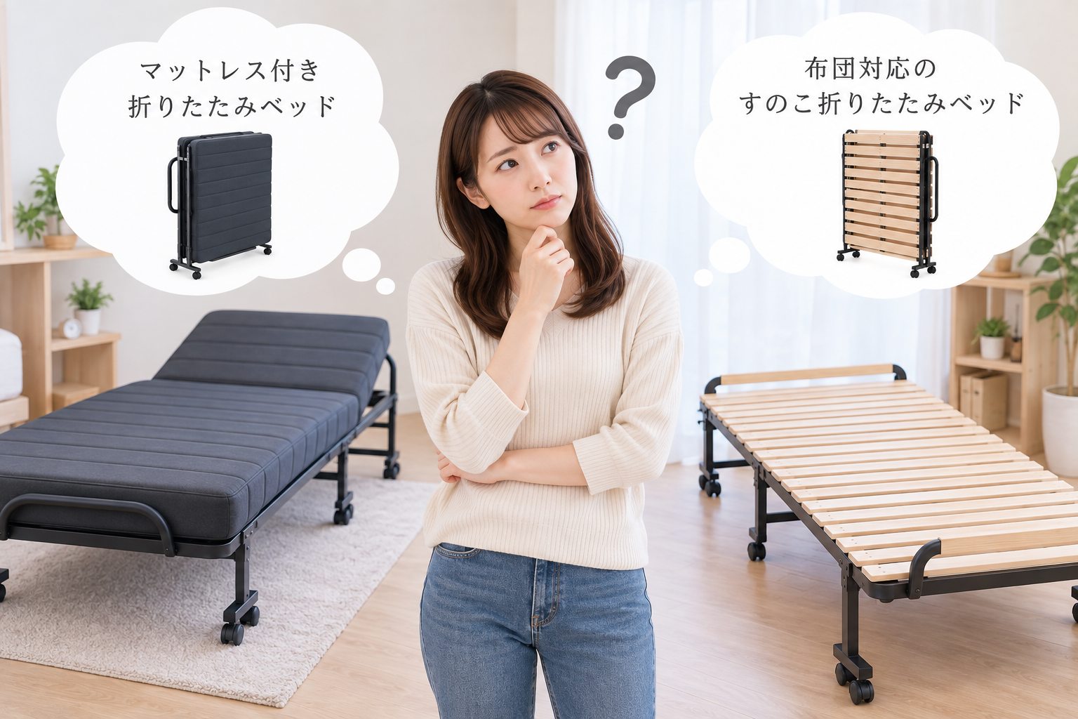 折りたたみベッド選びに迷う女性