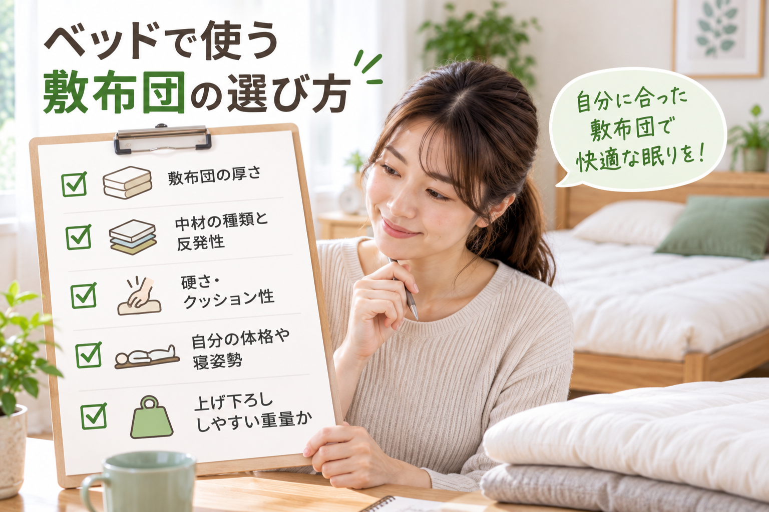 ベッドで使う敷布団の選び方のリストをチェックしている