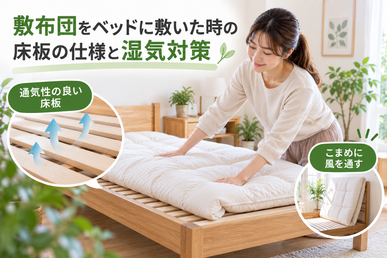 敷布団をベッドに敷いた時の床板の仕様と湿気対策をしている
