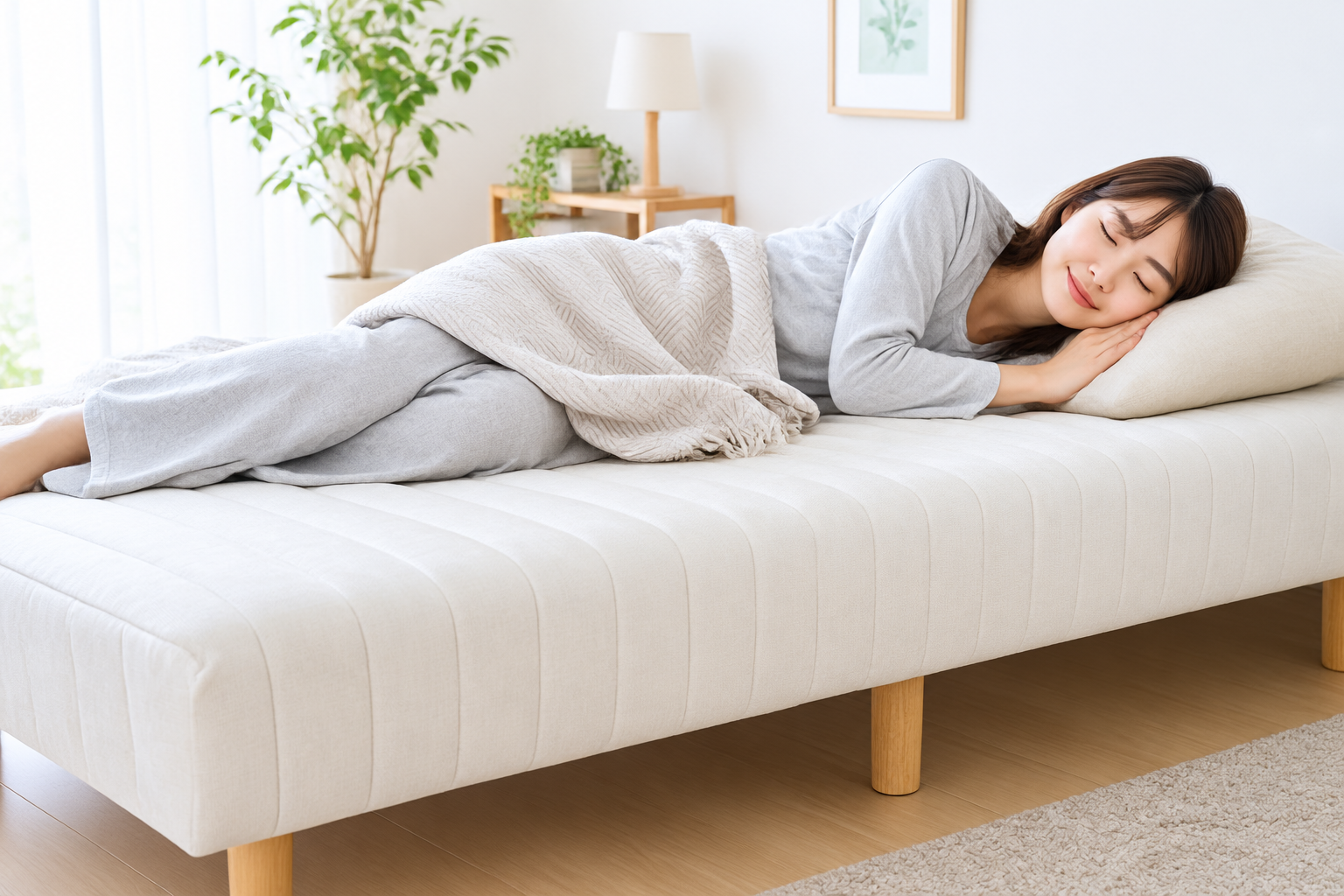 脚付きマットレスに横になっている