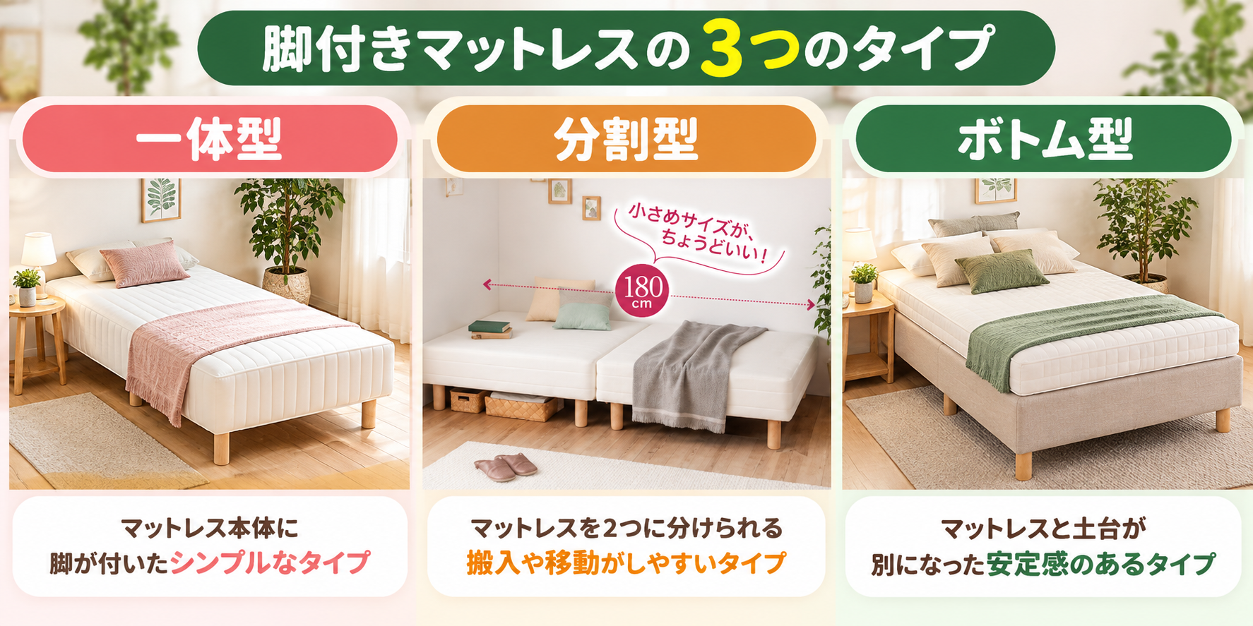 脚付きマットレスの一体型・分割型・ボトム型の違い