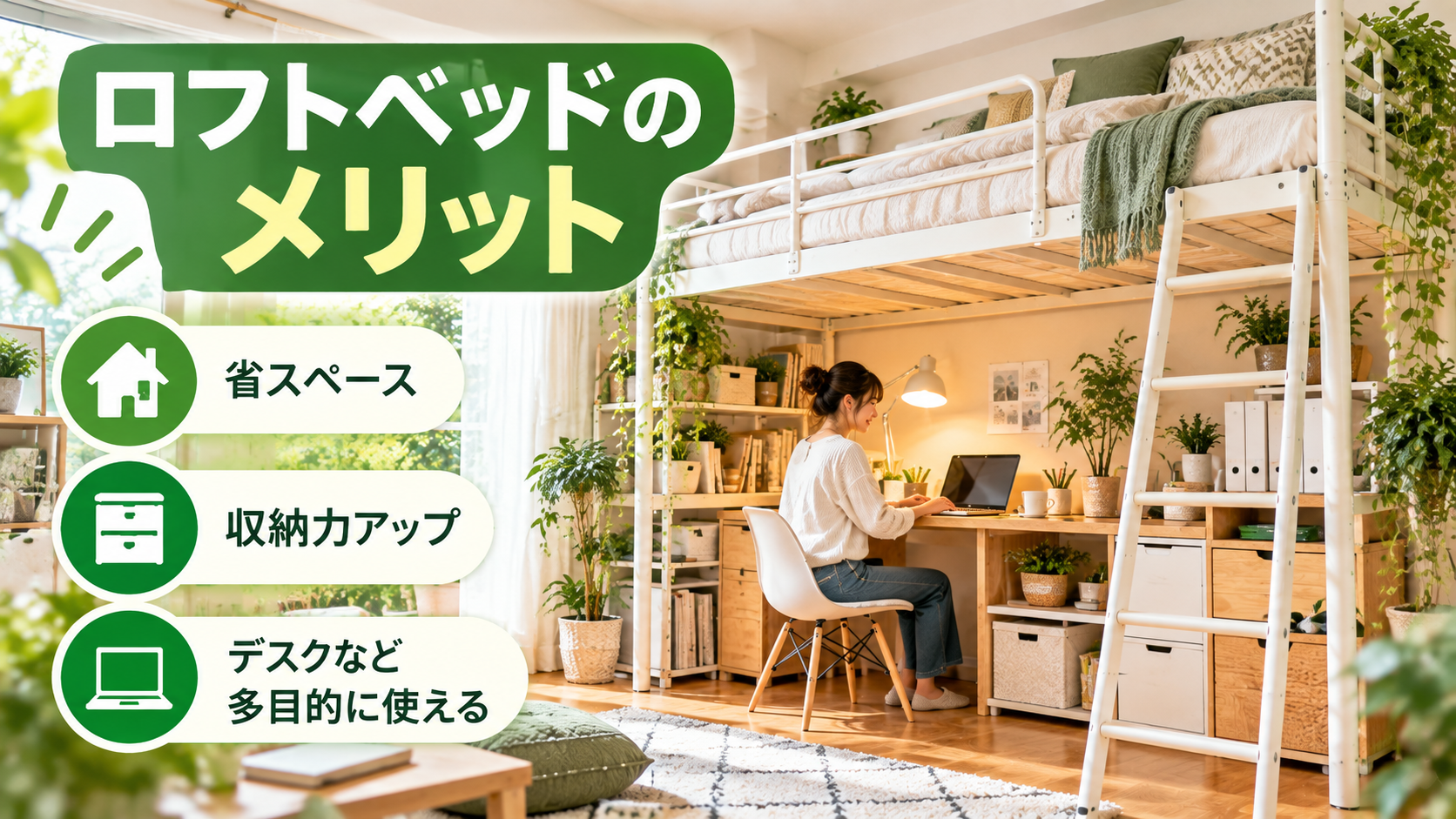 ロフトベッド下をデスクや収納に活用するメリットのイメージ
