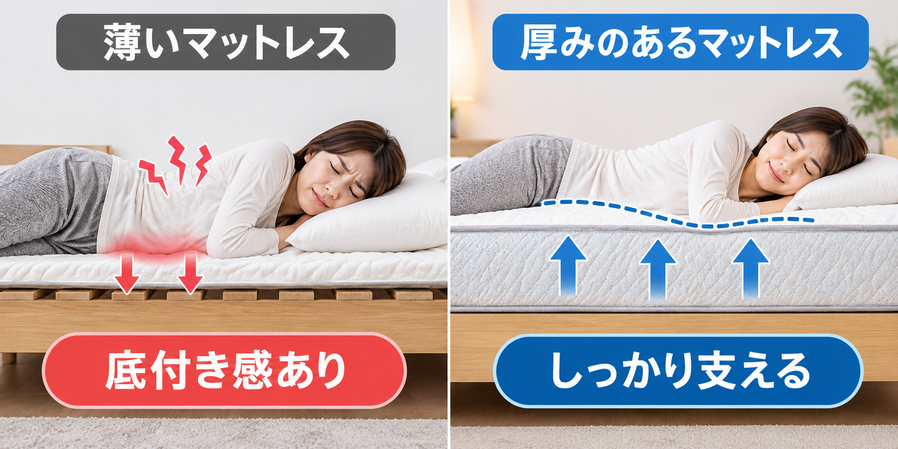 薄いマットレスと厚みのあるマットレスを左右比較