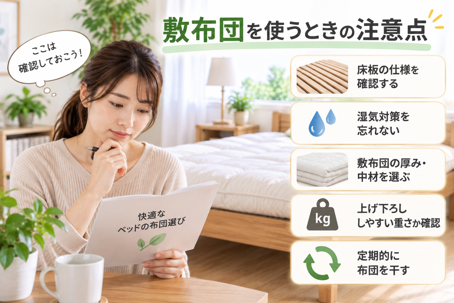 敷布団を使うときの注意点を確認している