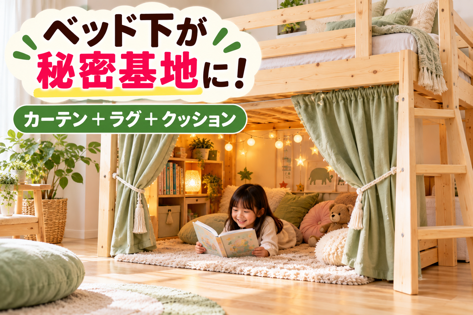 ロフトベッド下をカーテン・ラグ・クッションで秘密基地にした子供部屋