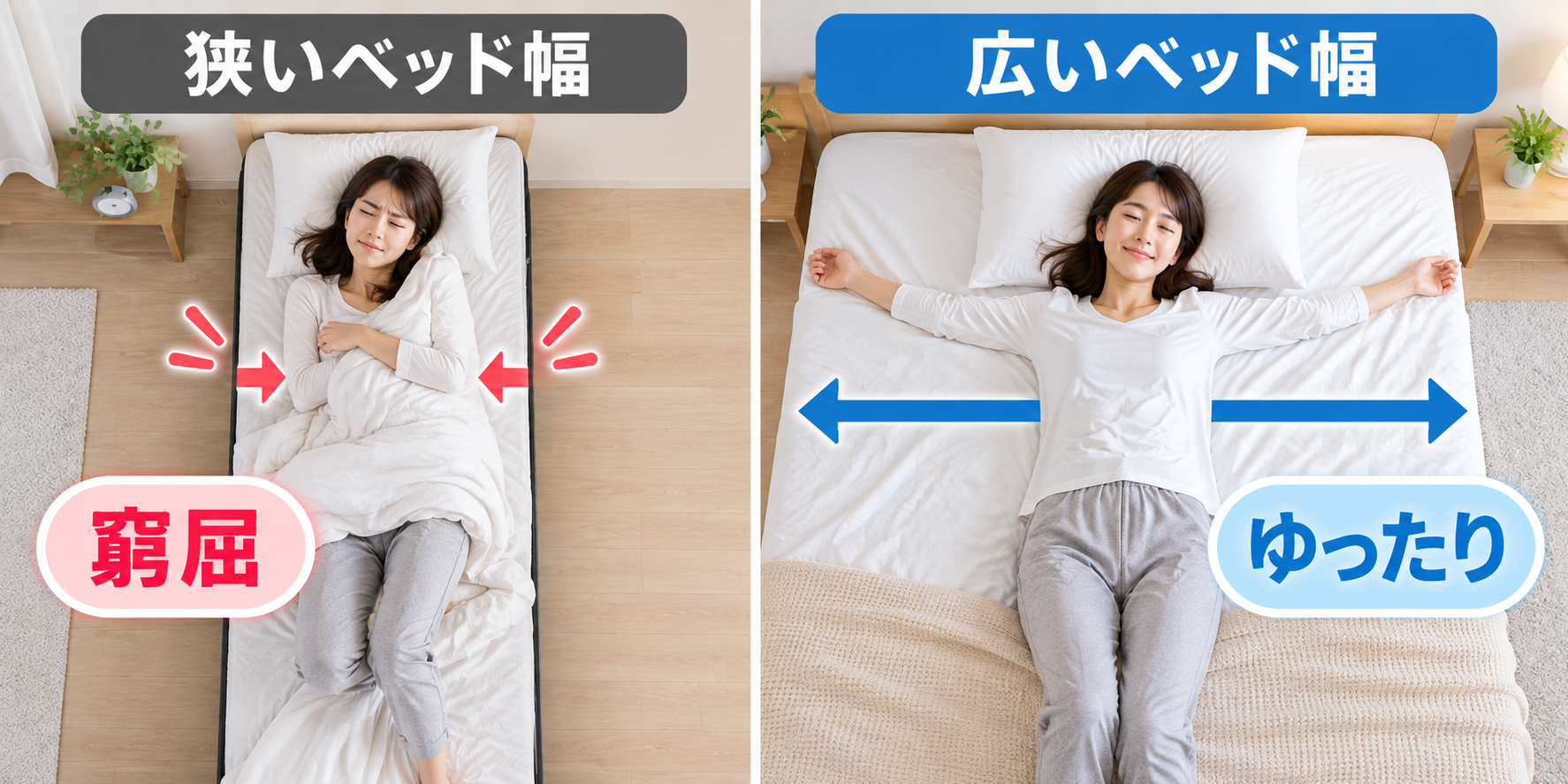 狭いベッドと広いベッドの比較