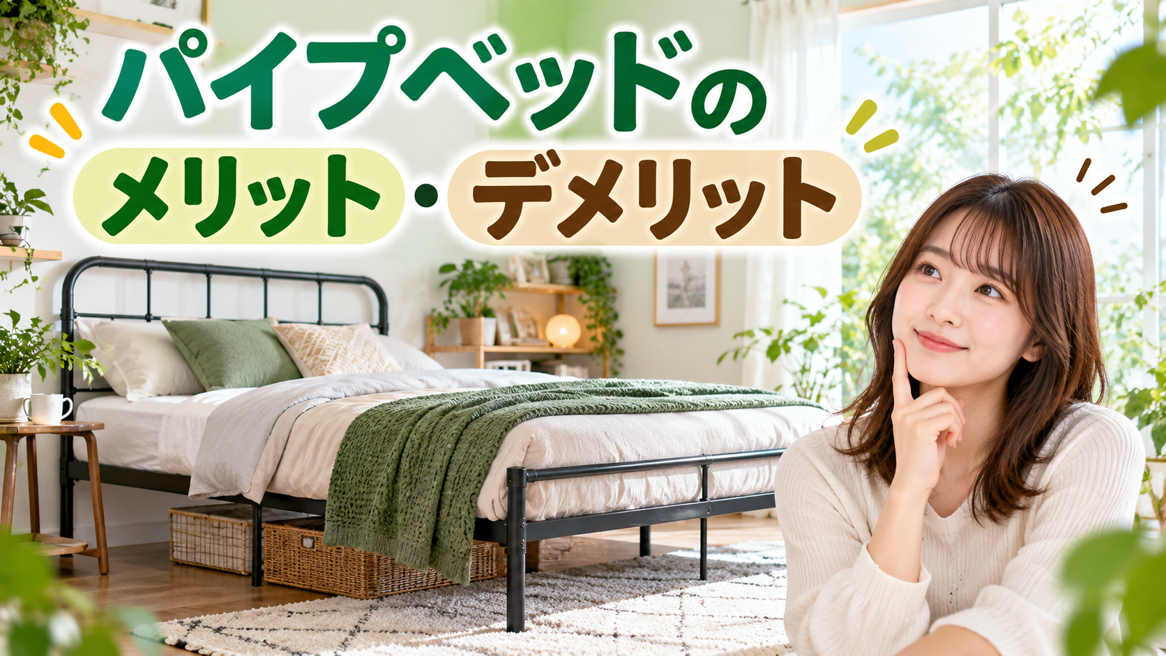 パイプベッドのメリット・デメリットを比較する女性
