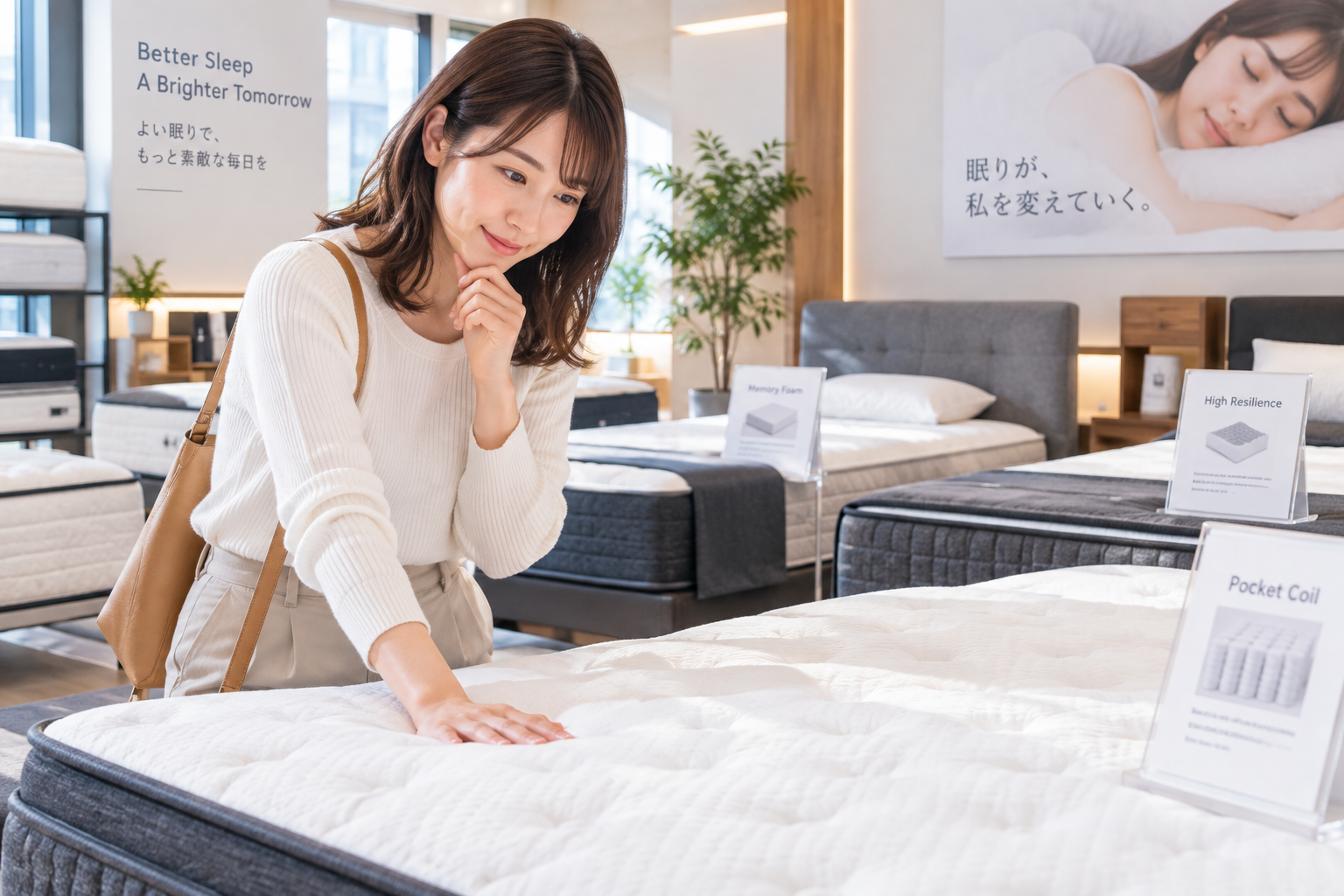 マットレスショールームで眠りを選ぶ女性