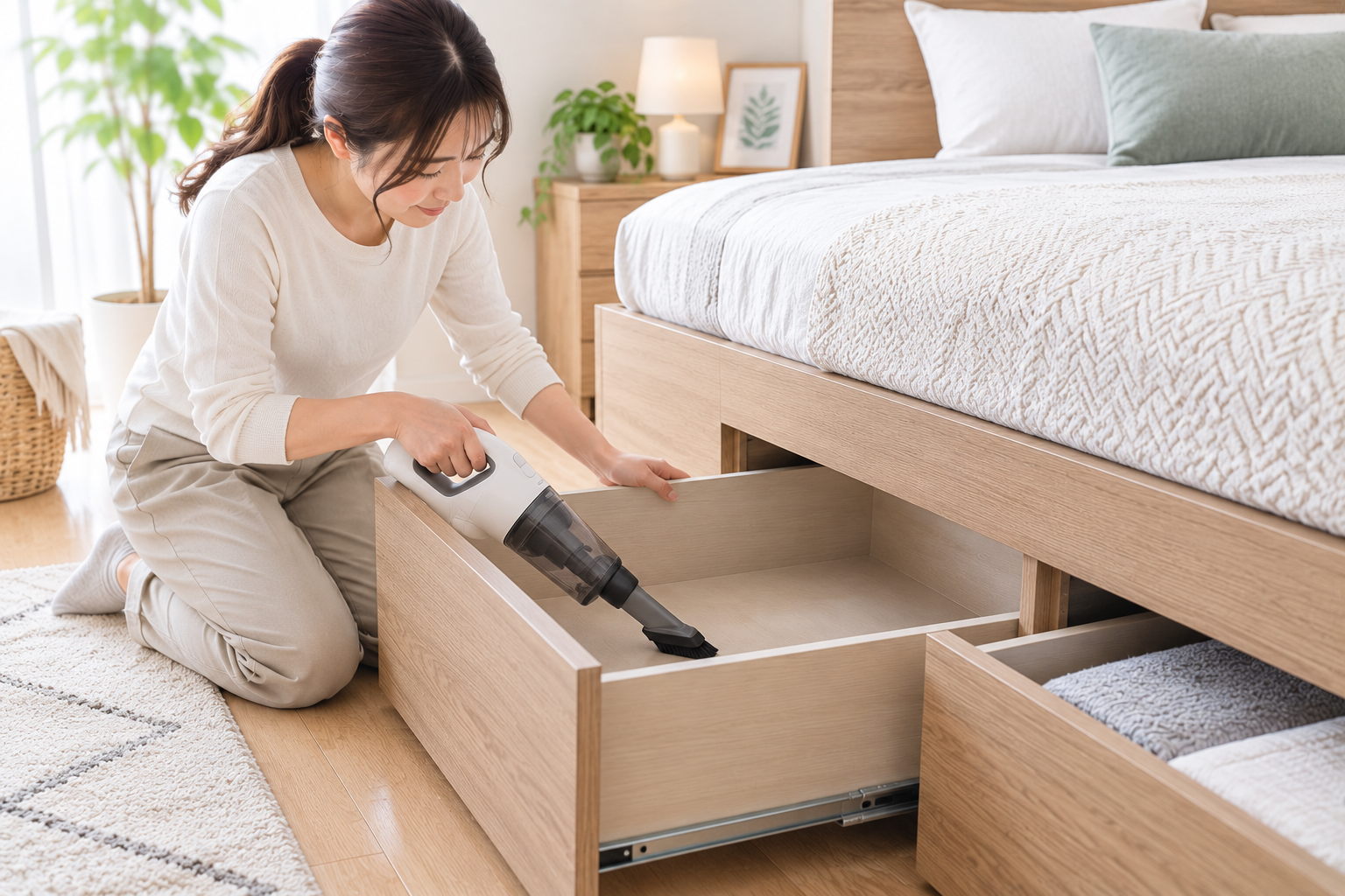 引き出し収納ベッドの引き出しを出して、ベッド下を掃除している