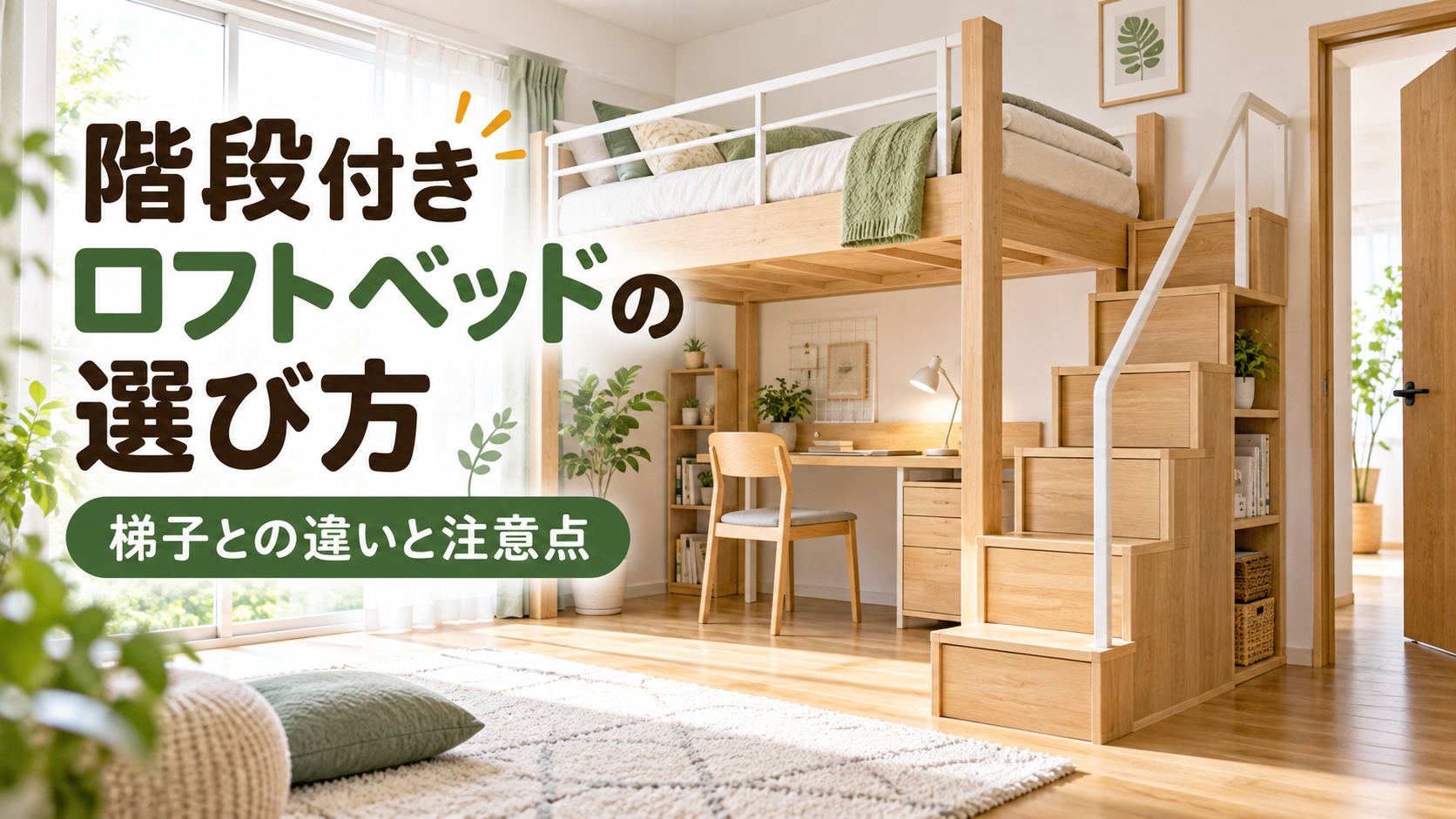 階段と手すりを備えたロフトベッドの設置イメージ