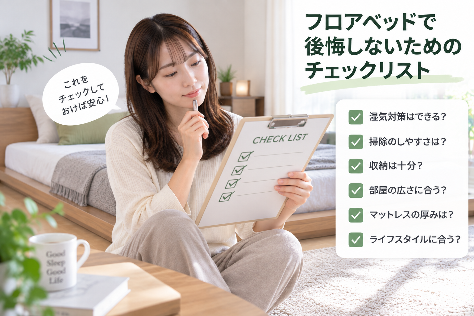 フロアベッドで後悔しないためのチェックリストを確認している女性