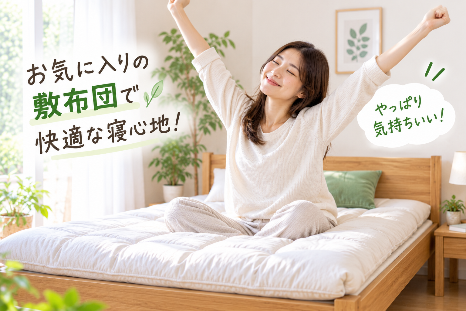 ベッドに敷布団を敷いて喜んでいる