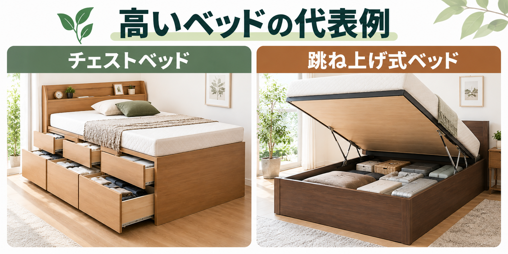 高いベッドとしては、チェストベッド 跳ね上げ式ベッド があります。