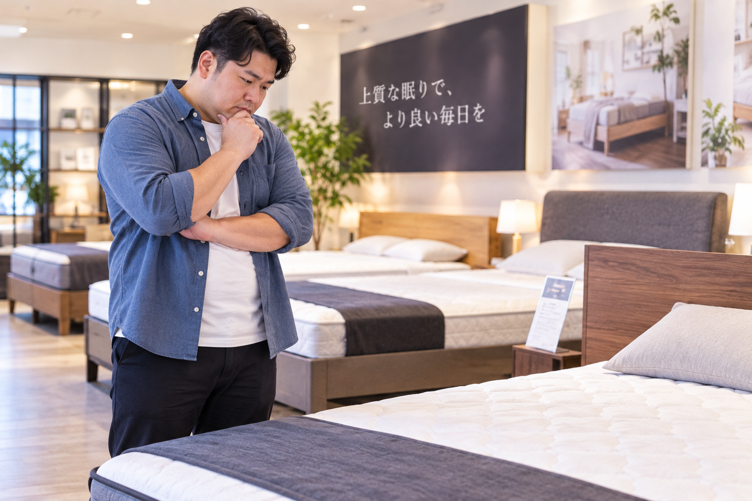 ベッドショールームで眠りを選ぶ男性