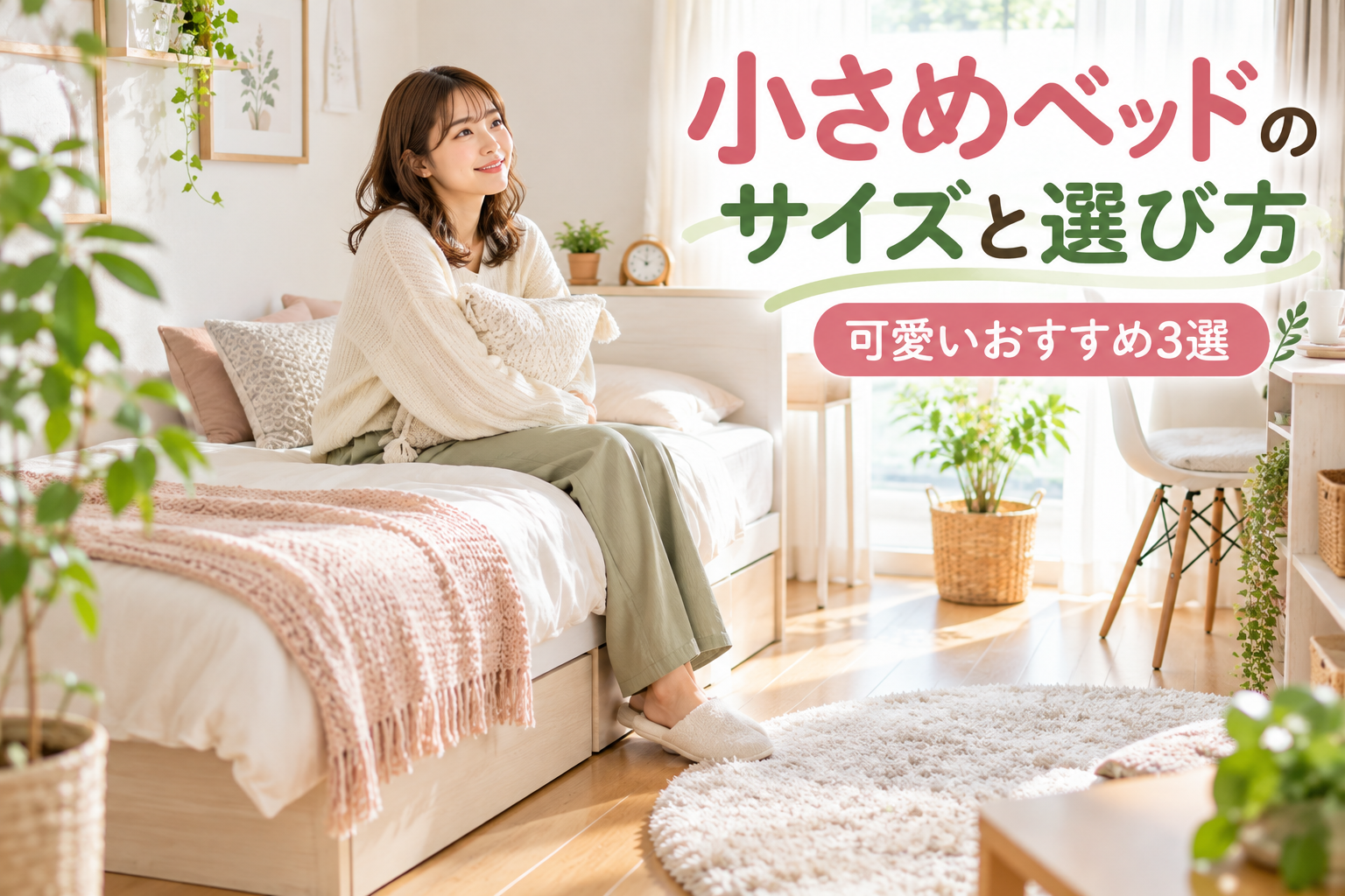 小さめのベッドを置いた明るい寝室