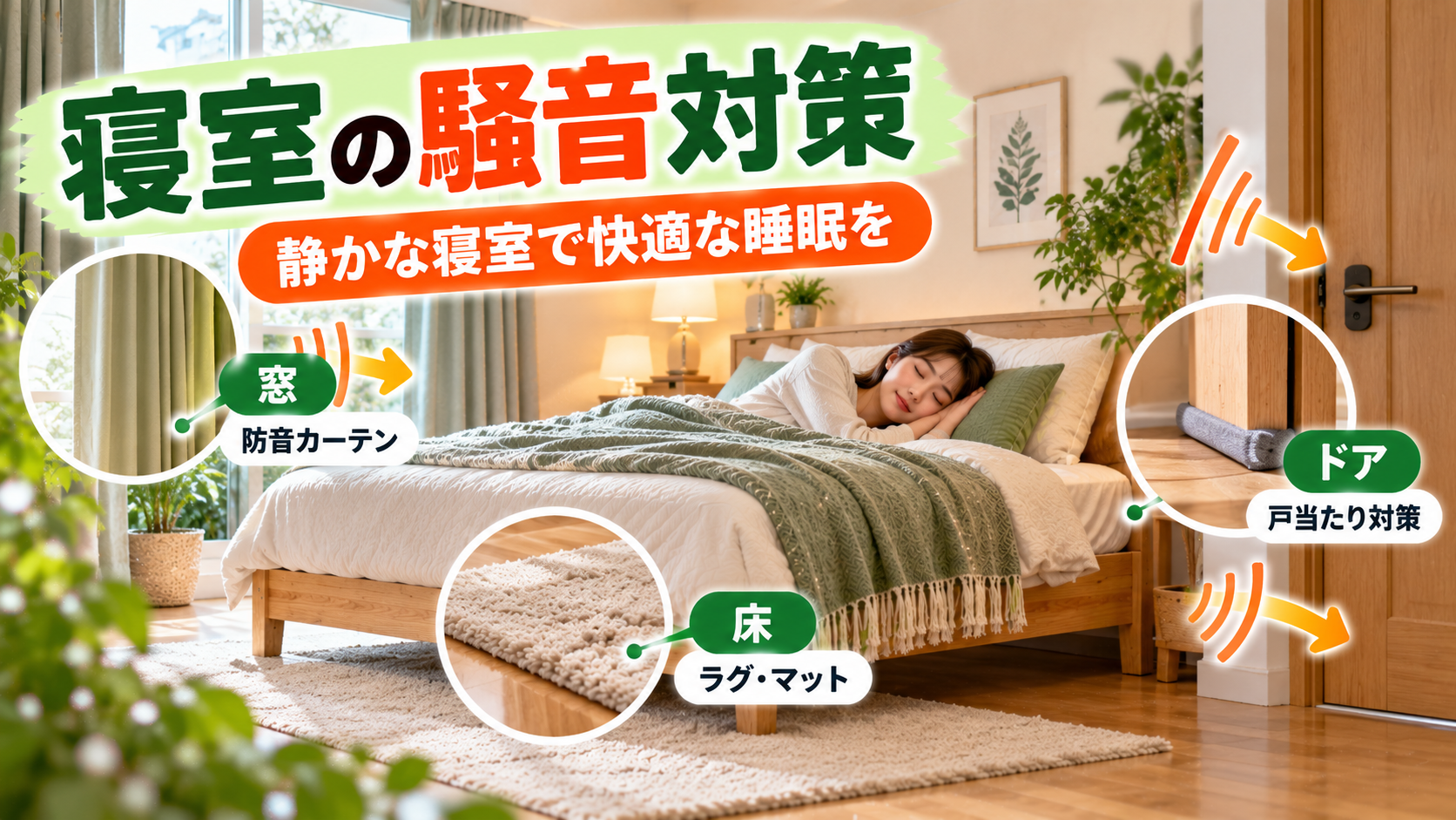寝室の窓・床・ドアで行う騒音対策の例