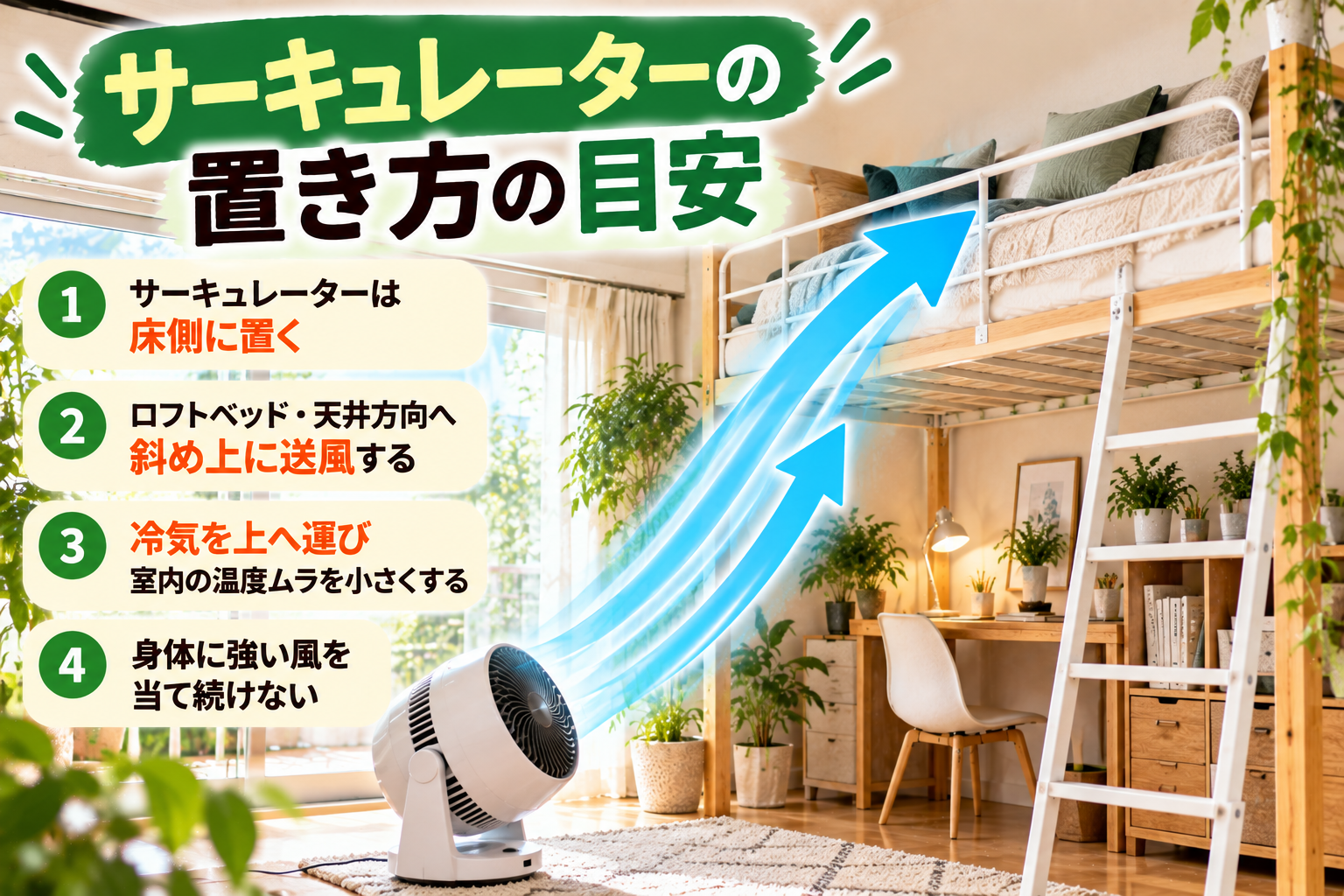 ロフトベッドに床の冷気を送るサーキュレーターの置き方