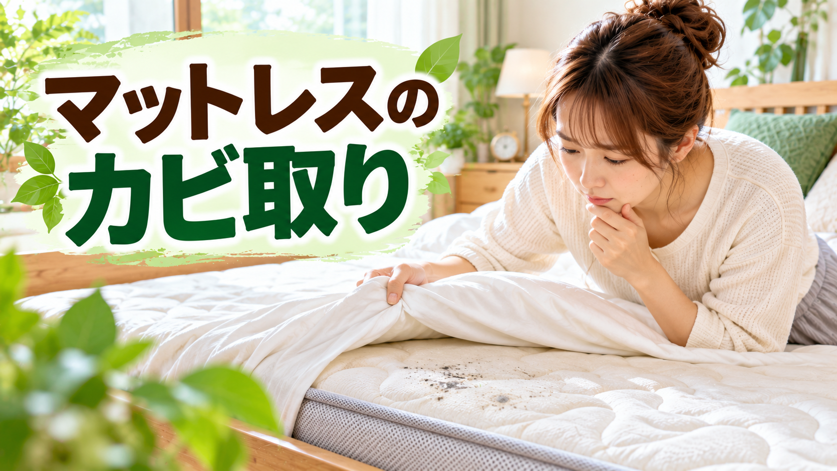 マットレスにカビを見つけて確認する女性
