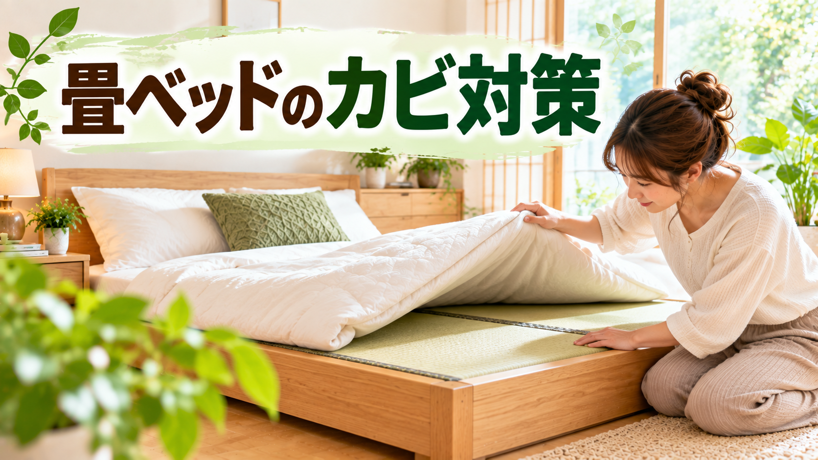 畳ベッドの布団をめくって湿気を確認する女性