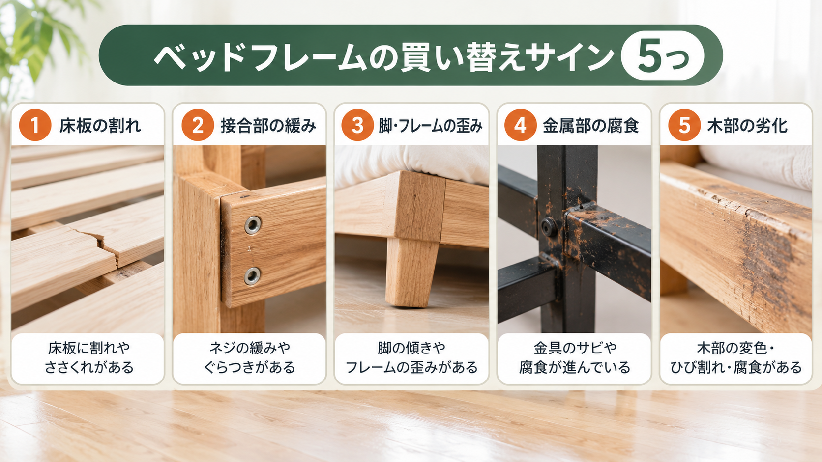 ベッドフレームの床板・接合部・脚・金属部・木部を点検する5つの買い替えサイン