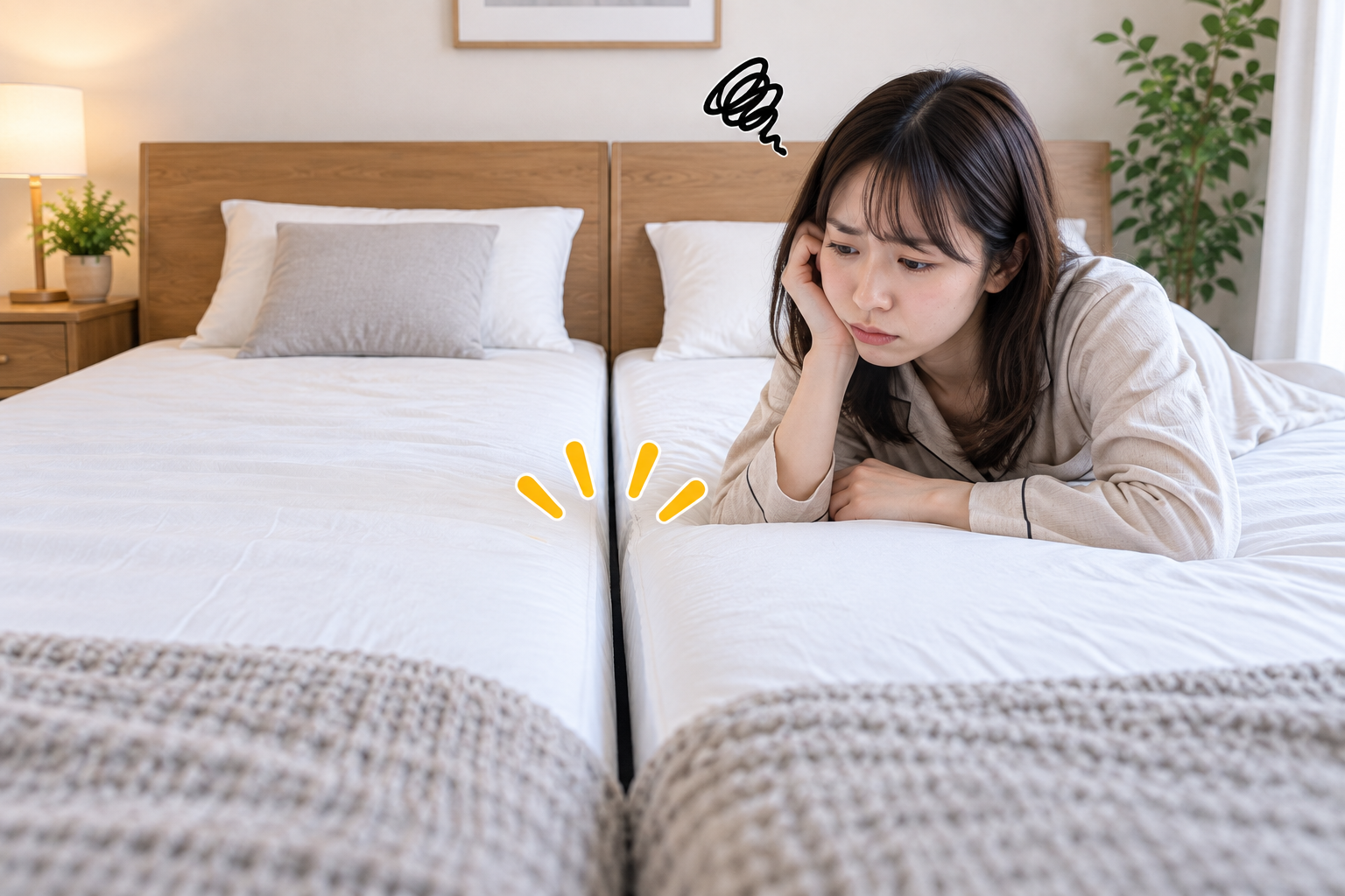 シングルベッド2台をくっつけたけど、隙間が気になっている女性