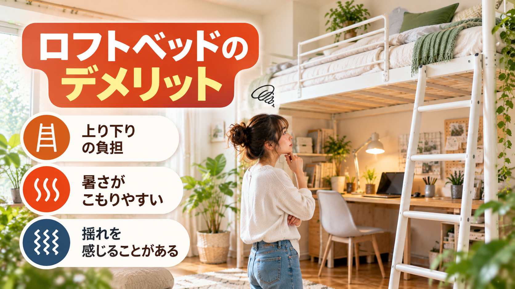 ロフトベッドの上り下りや暑さや揺れなどデメリットのイメージ