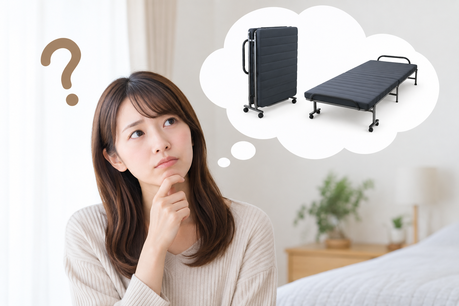 折りたたみベッドに悩む女性