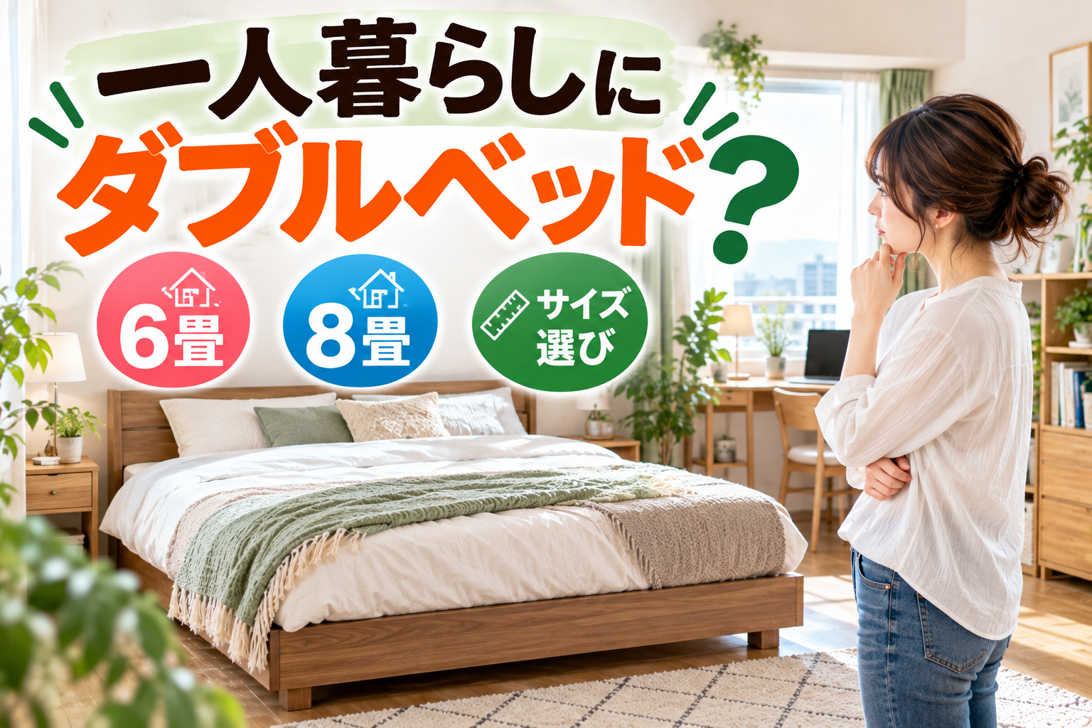 一人暮らしの部屋でダブルベッドのサイズを検討する女性