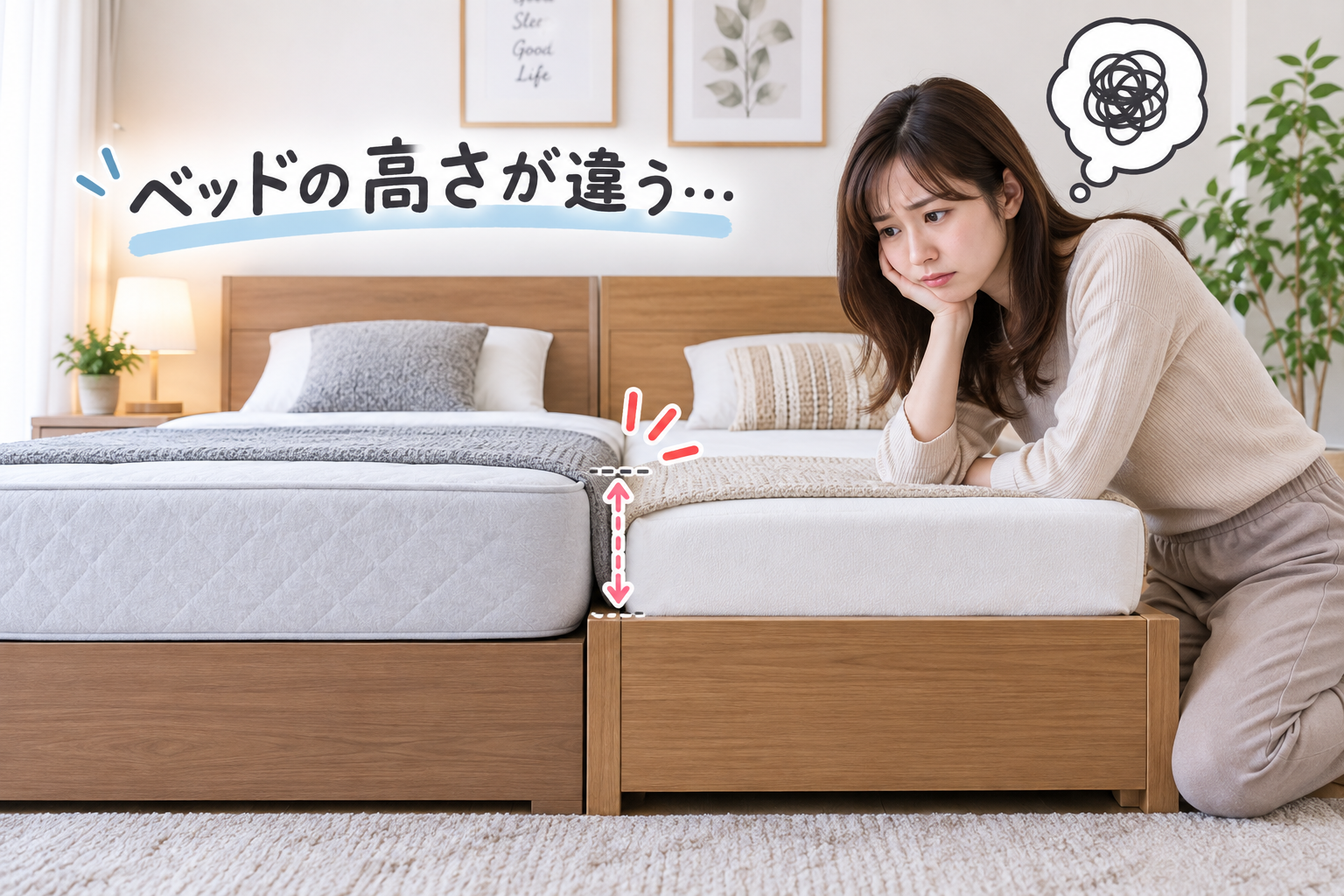 2台のベッドを並べたけど、高さが違って困っている女性