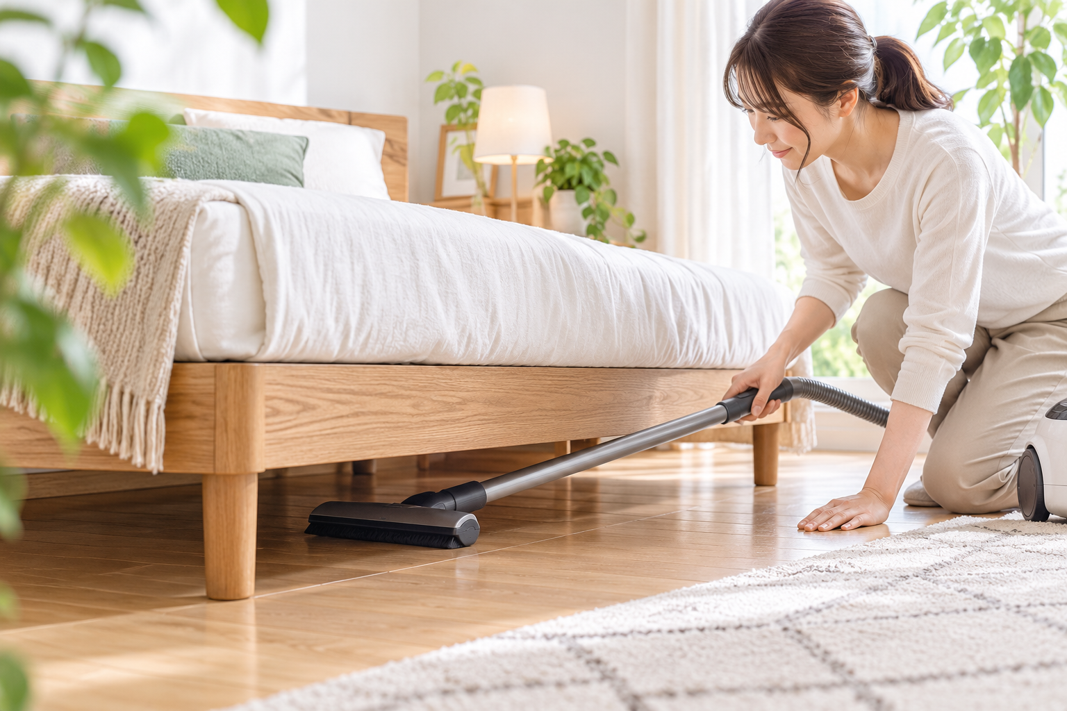 脚付きベッドを掃除している女性
