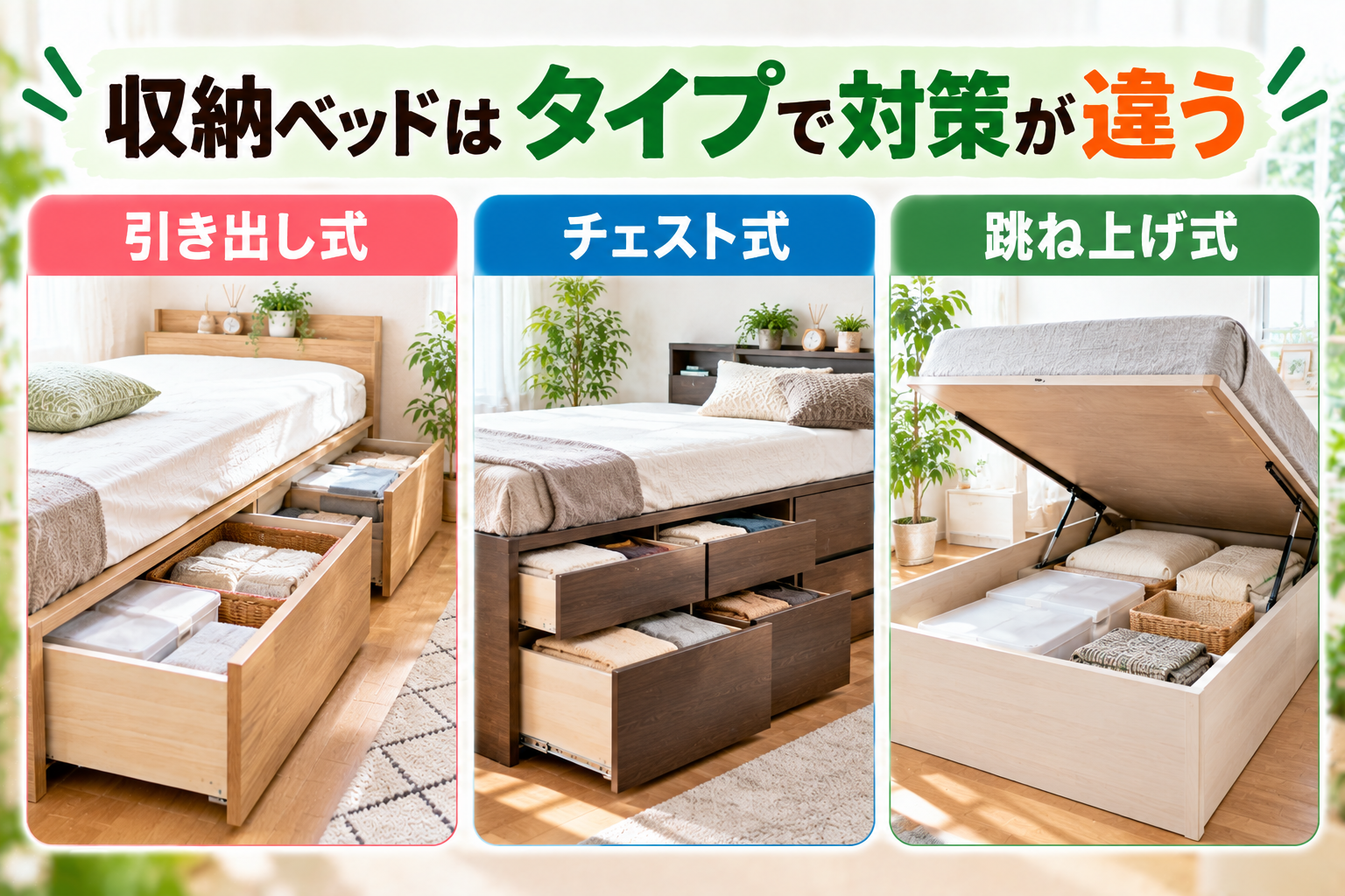 引き出し式・チェスト式・跳ね上げ式収納ベッドの違い