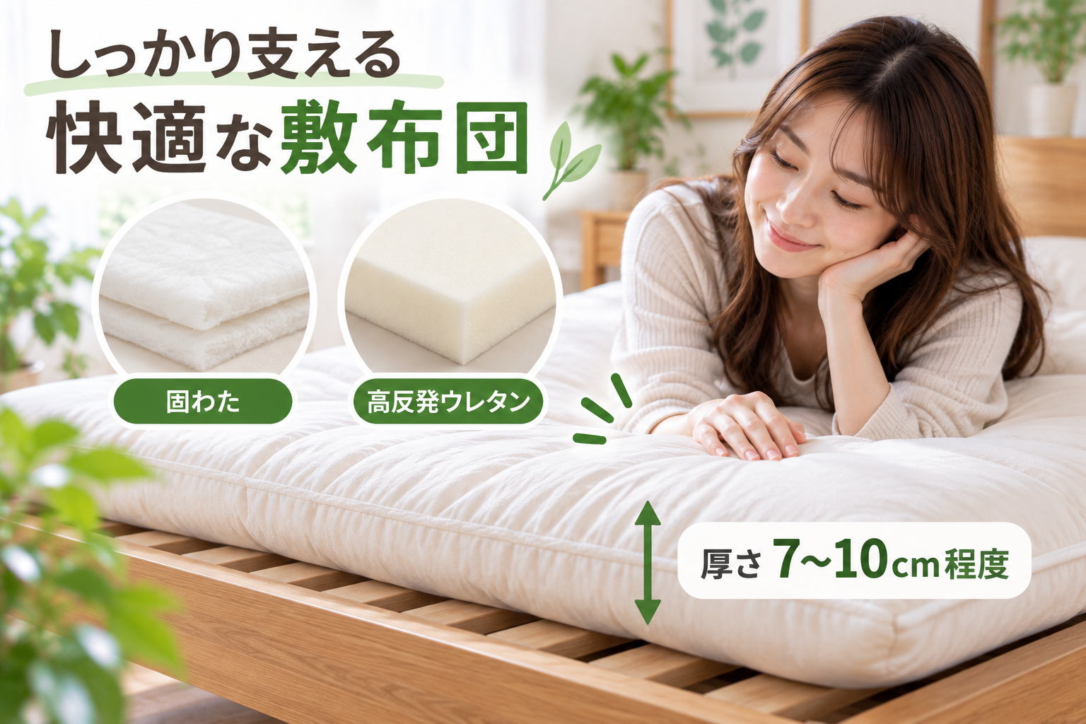厚さ7~10cm程度で固わたや高反発ウレタンなど、体が沈み込みすぎにくい素材を使った敷布団
