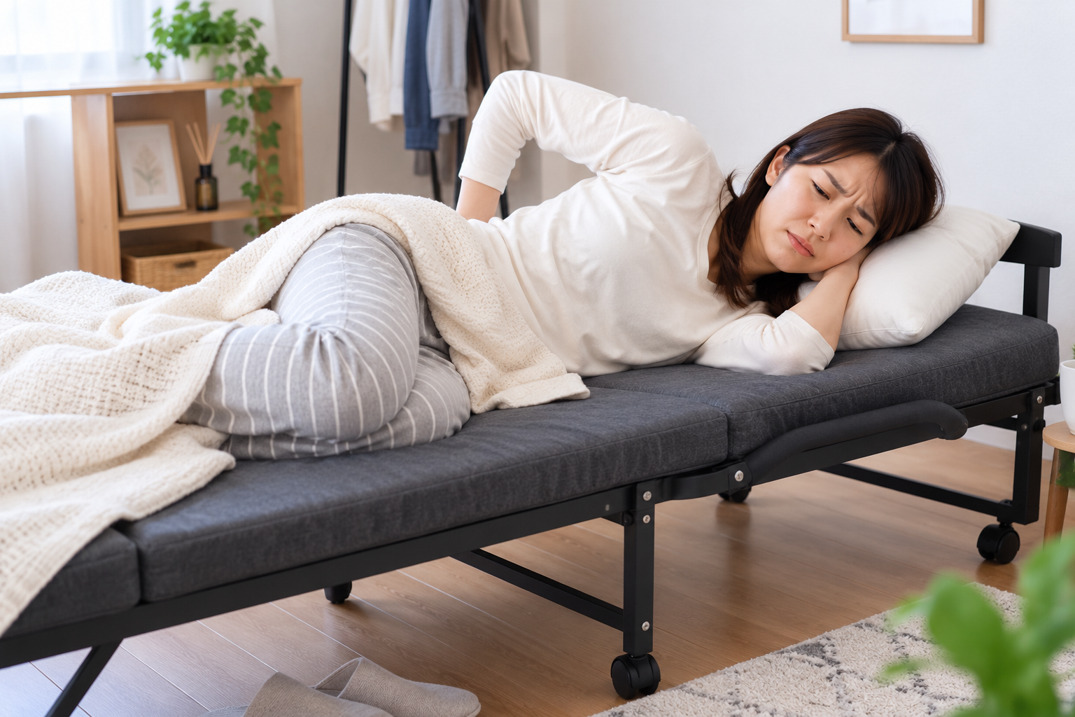 折りたたみベッドで寝心地が悪そうにしている女性