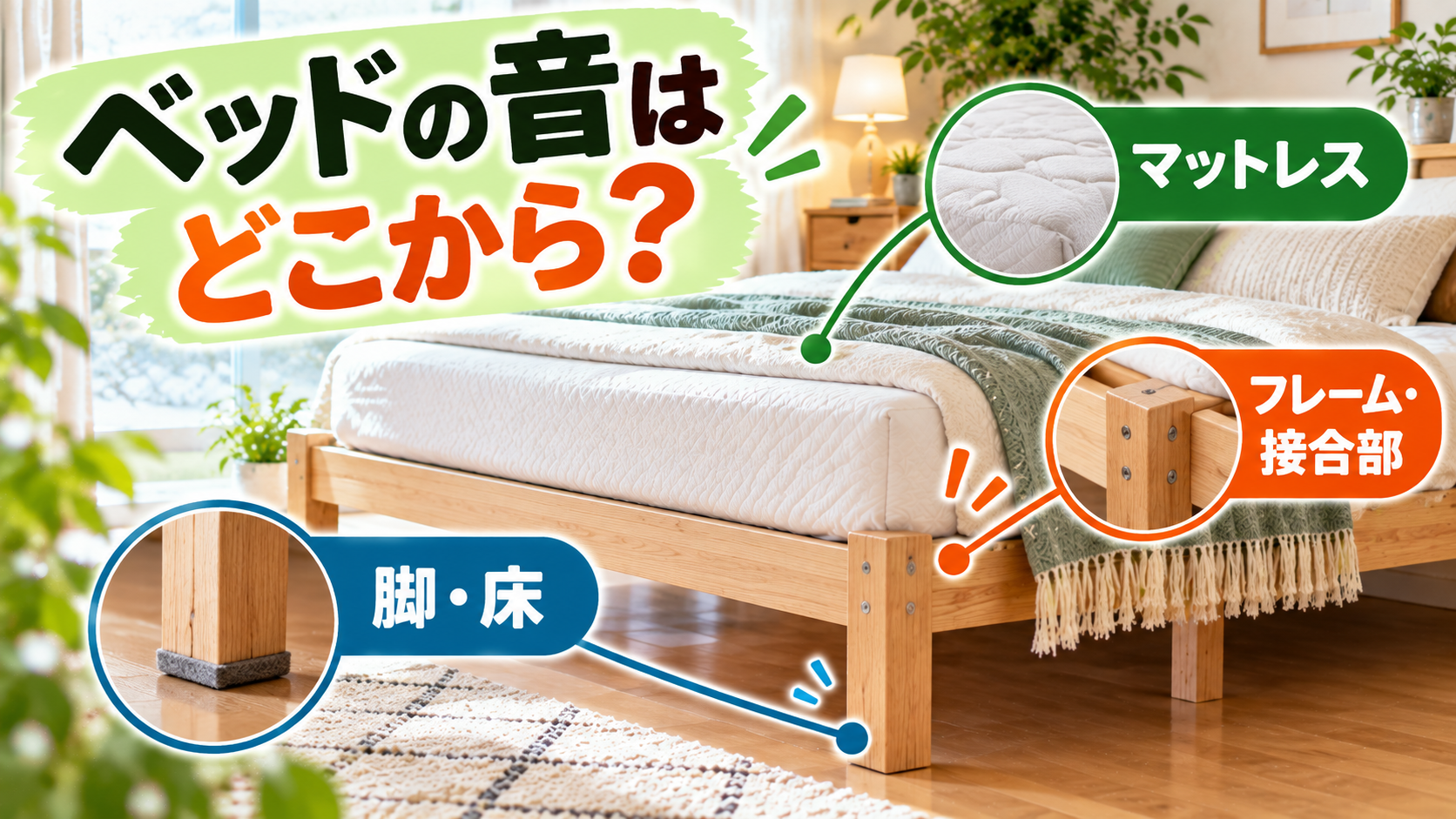 ベッドのきしみ音の原因となるマットレス・接合部・脚と床を確認する図