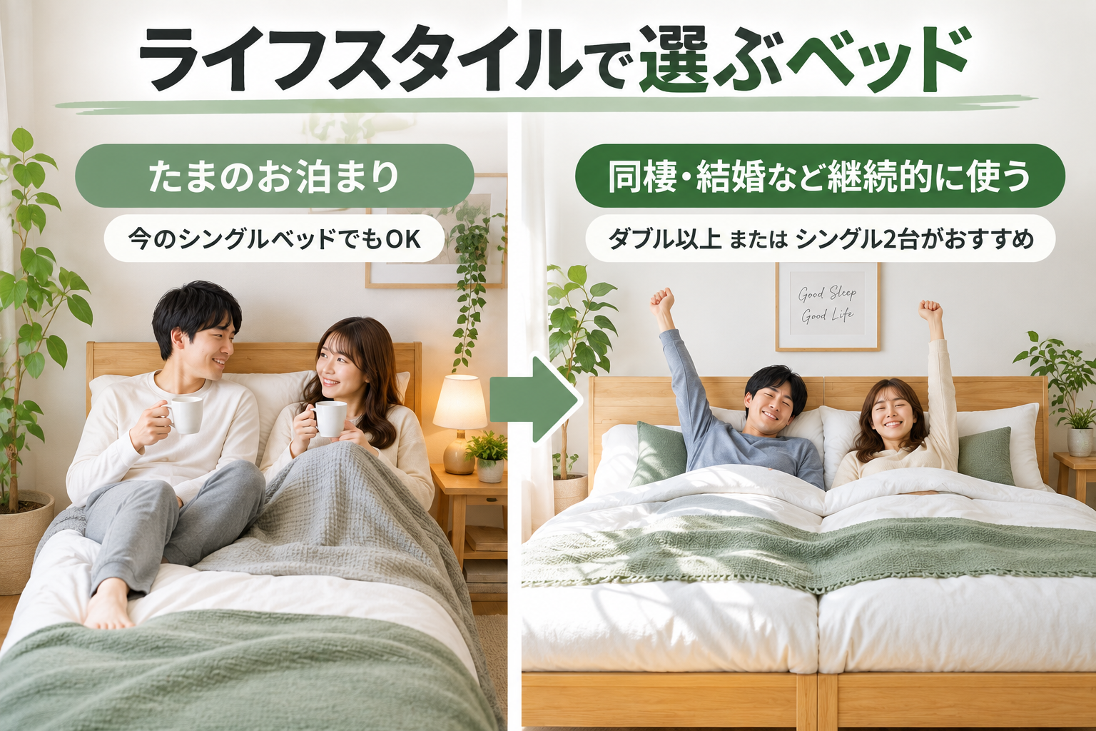 お泊まりはシングルベッド、同棲や結婚ではダブル以上やシングル2台を検討する比較