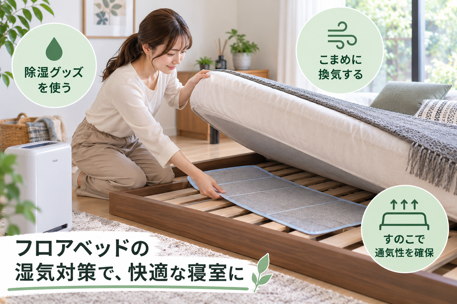 フロアベッドの湿気対策をしている女性
